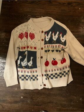 Cream Farmhouse Cardigan with Chickens & Apples